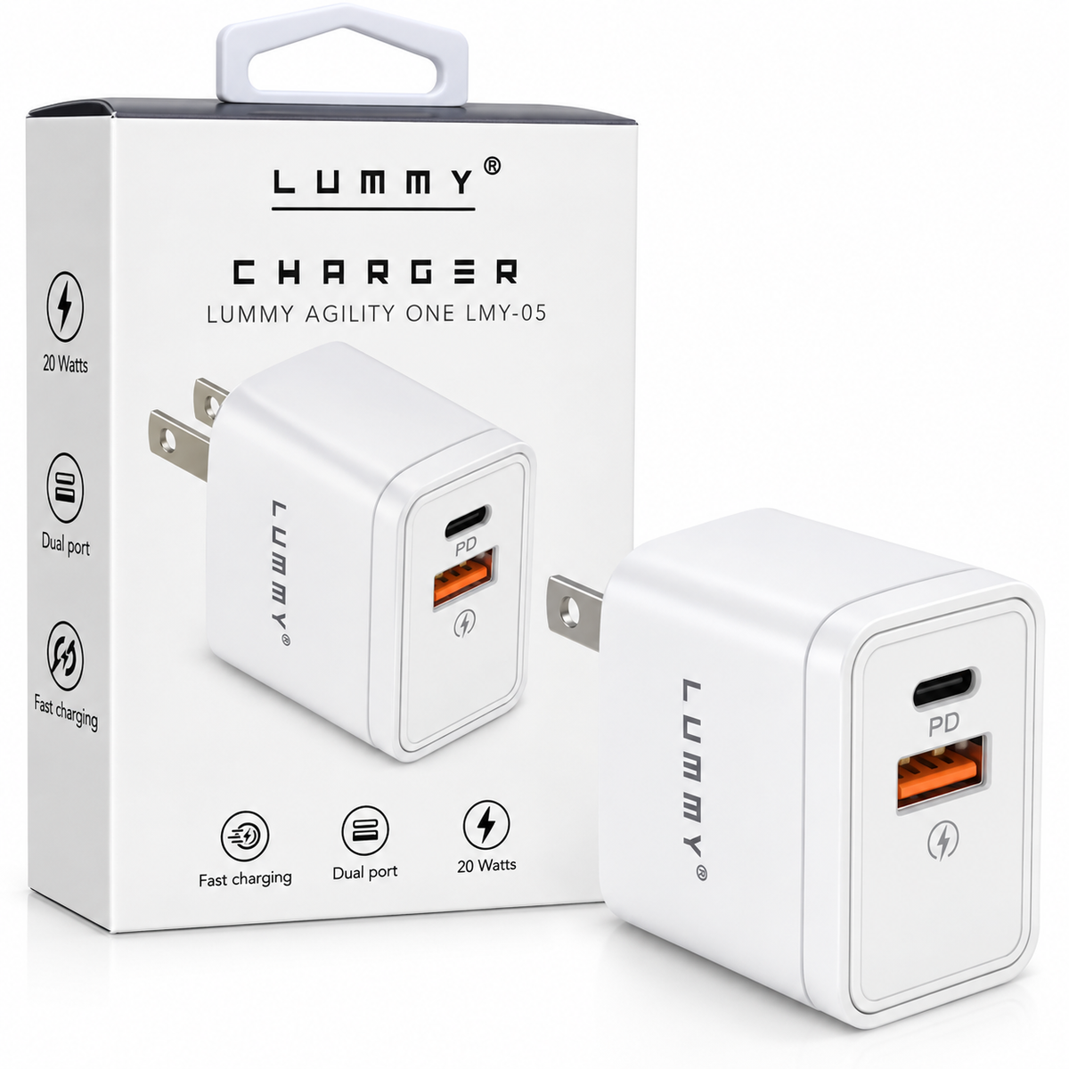 Cargador Lummy Agility One LMY-05 20W Dual Port USB-A + USB-C para android , iOs iphone