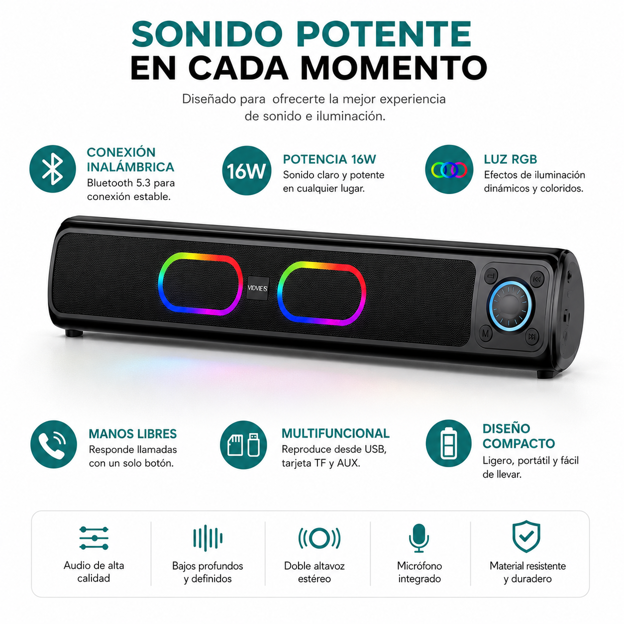 Parlante Bluetooth Vidvie VS-S01 Portátil RGB 16W USB TF AUX