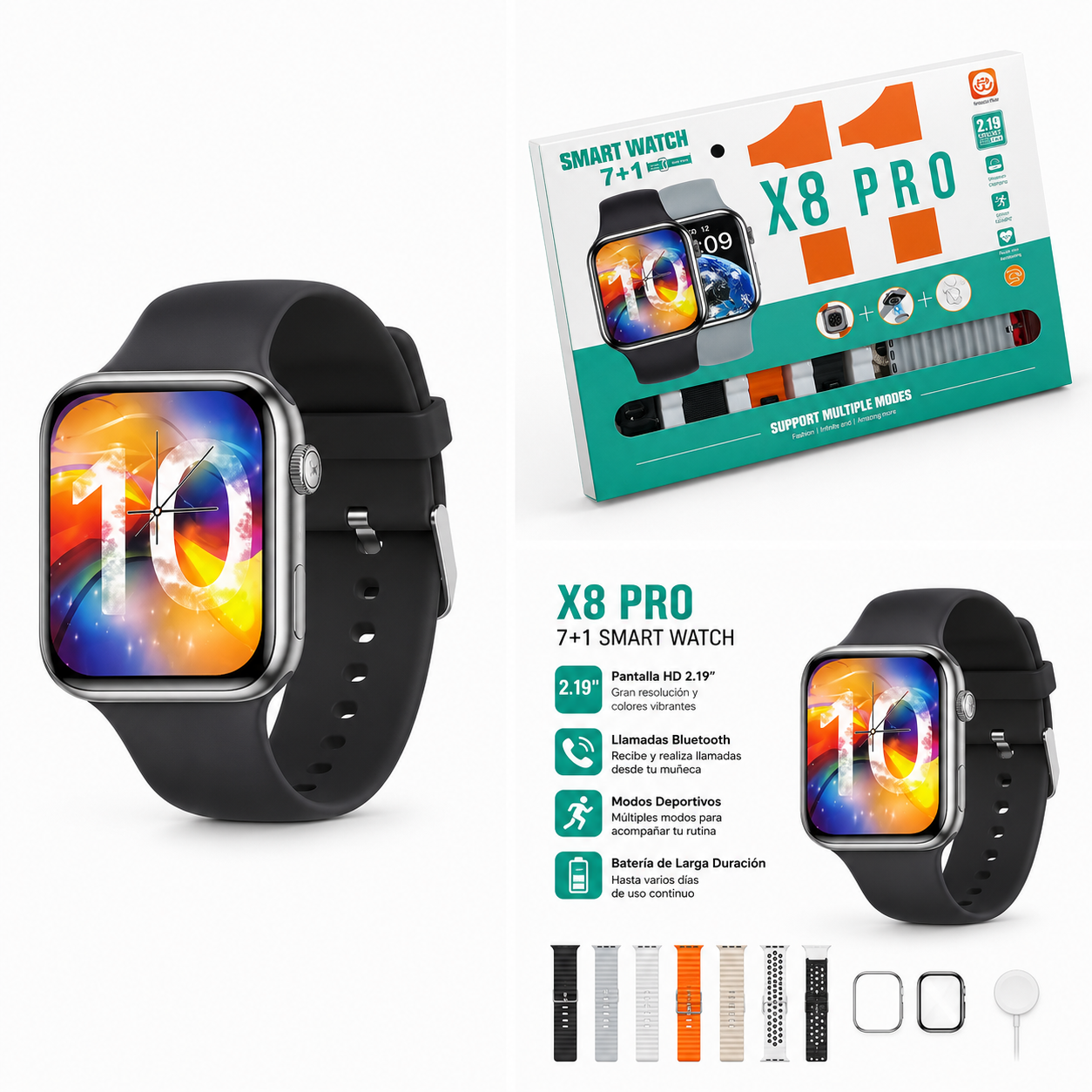 Smartwatch X8 Pro 2.19" HD con 7 Correas, Llamadas Bluetooth y notificaciones