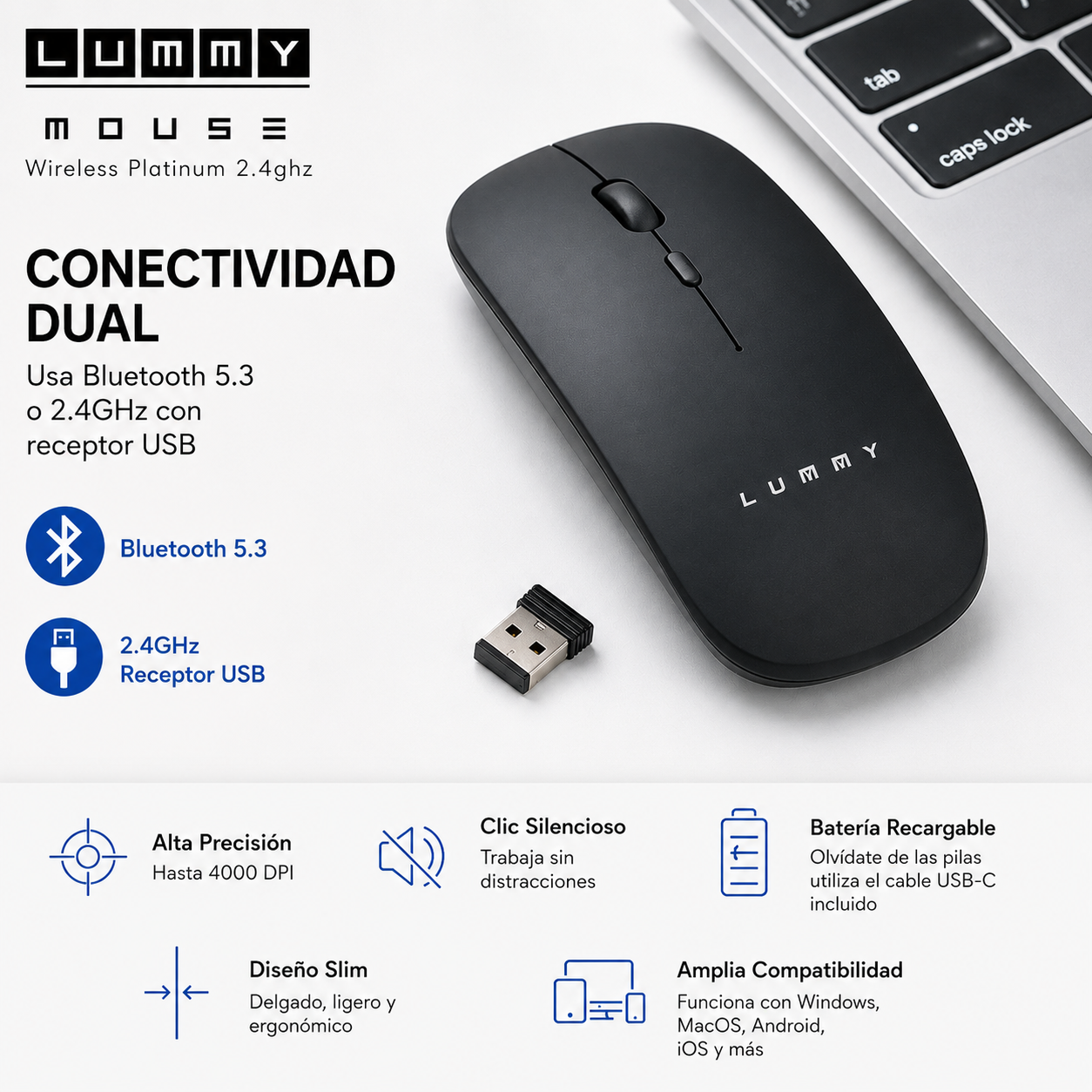 Mouse Inalámbrico Recargable Lummy LMO-05 Bluetooth 5.3 y 2.4GHz Slim Silencioso