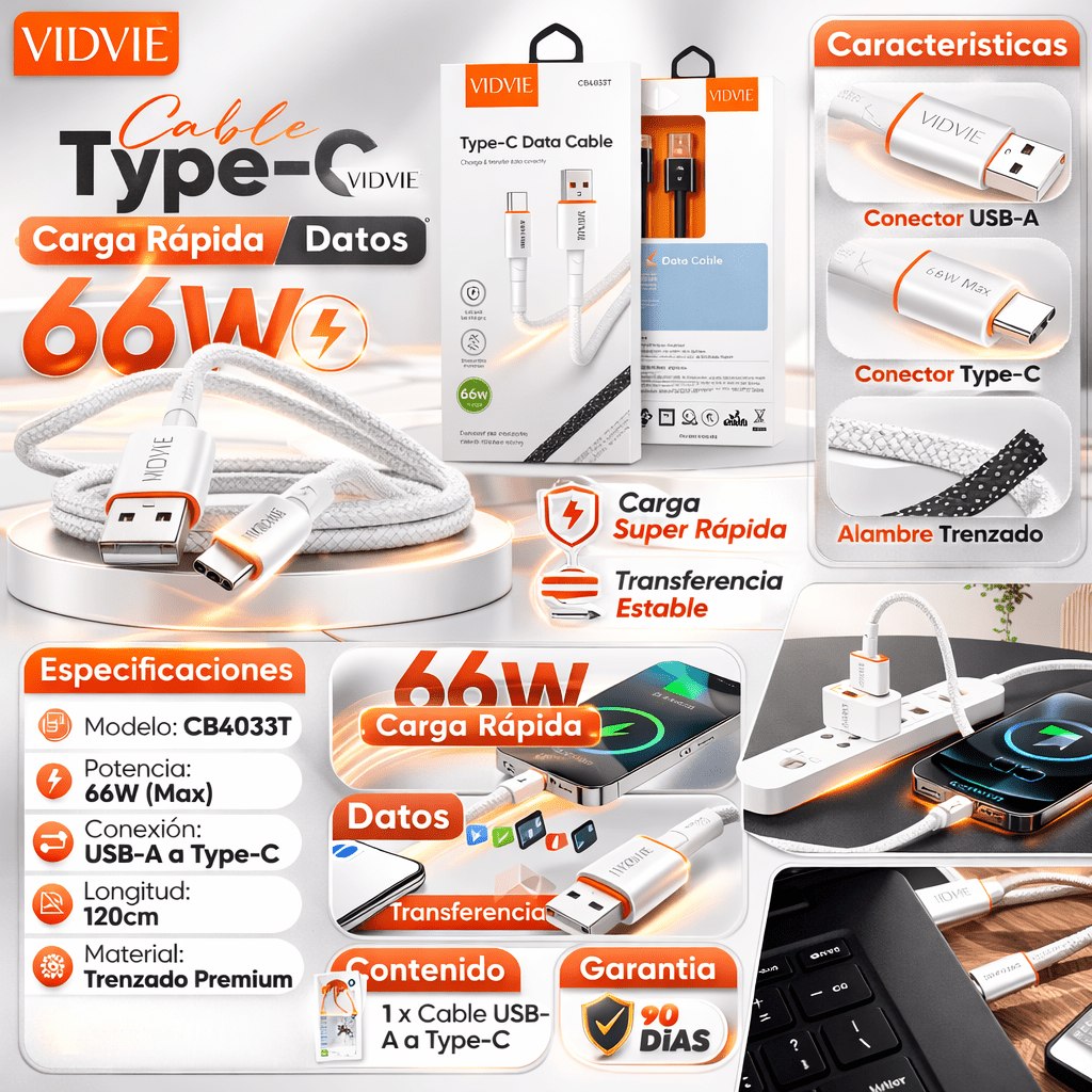 Cable USB usb - C 66W Carga Rápida Trenzado 120cm VIDVIE CB4033 - Tecnomundointl