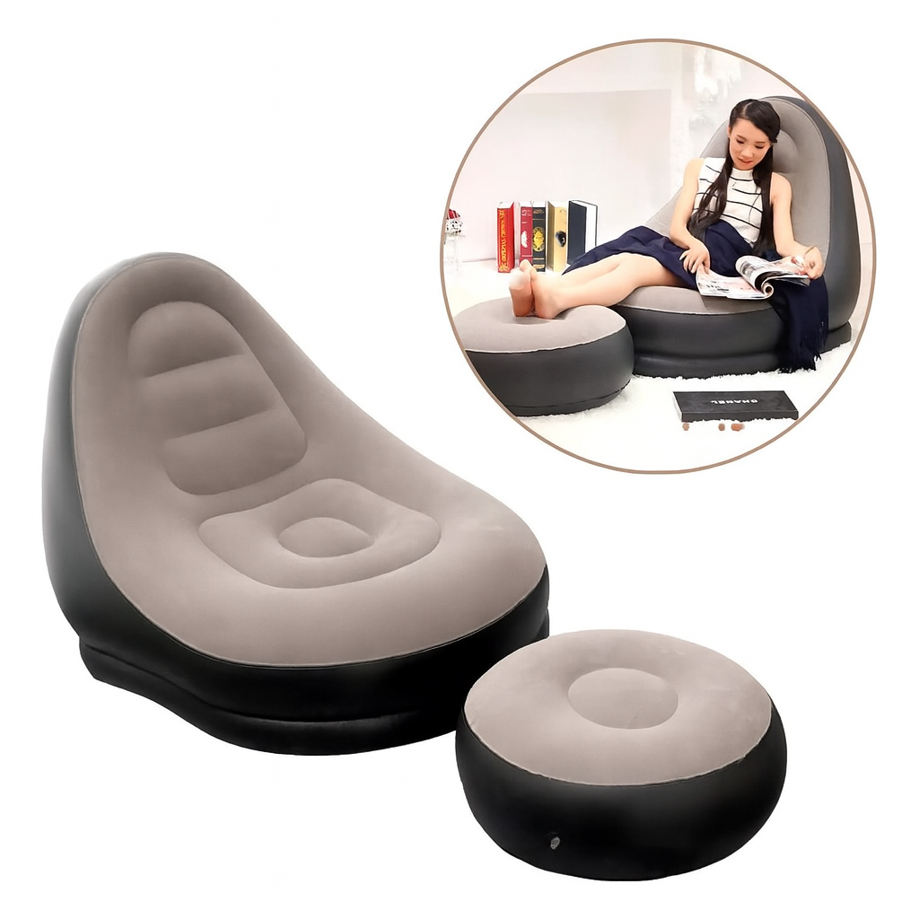 Sillón Inflable Negro de PVC con Acabado Terciopelo, Cómodo y Portátil