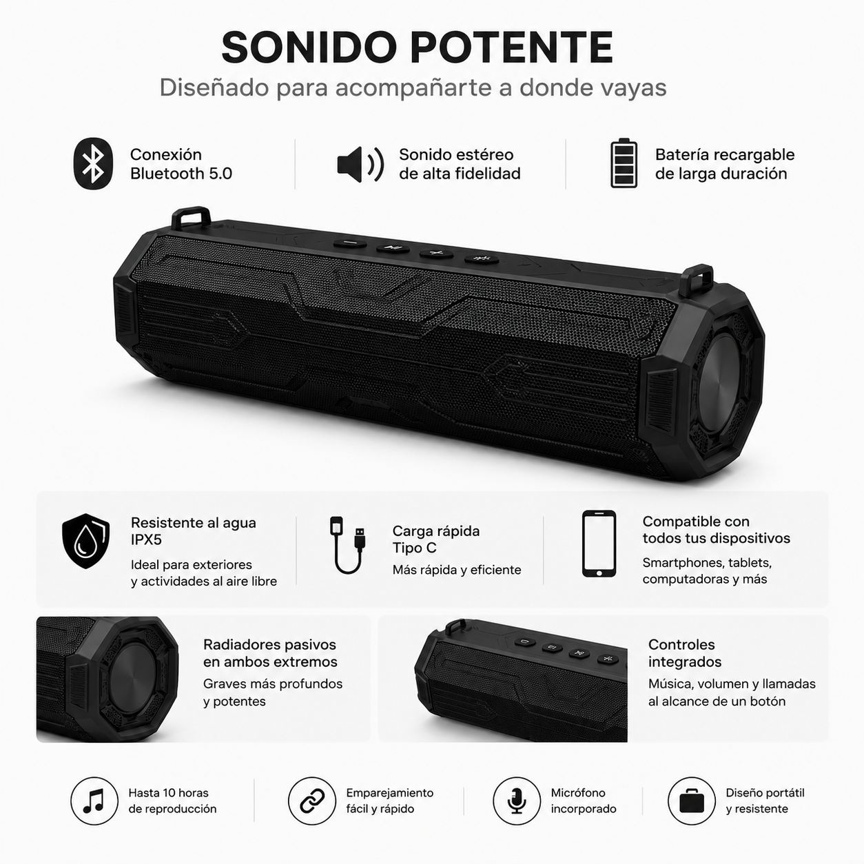 Parlante Bluetooth Portátil Barra 10W Bluetooth FM radio Recargable n218