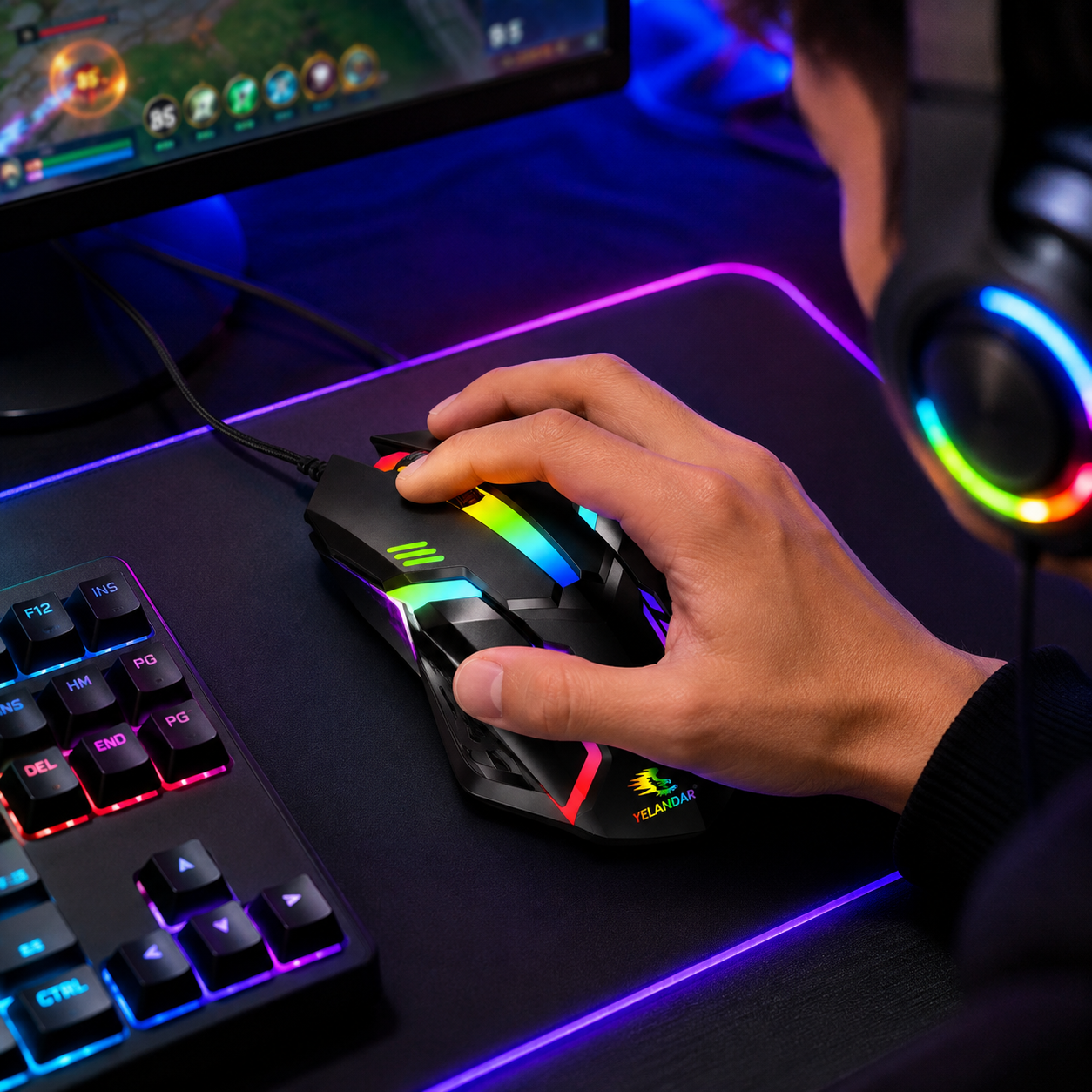 Mouse Gamer YELANDAR M20 RGB 3000 DPI Ergonómico USB de Alta Precisión - de cable.