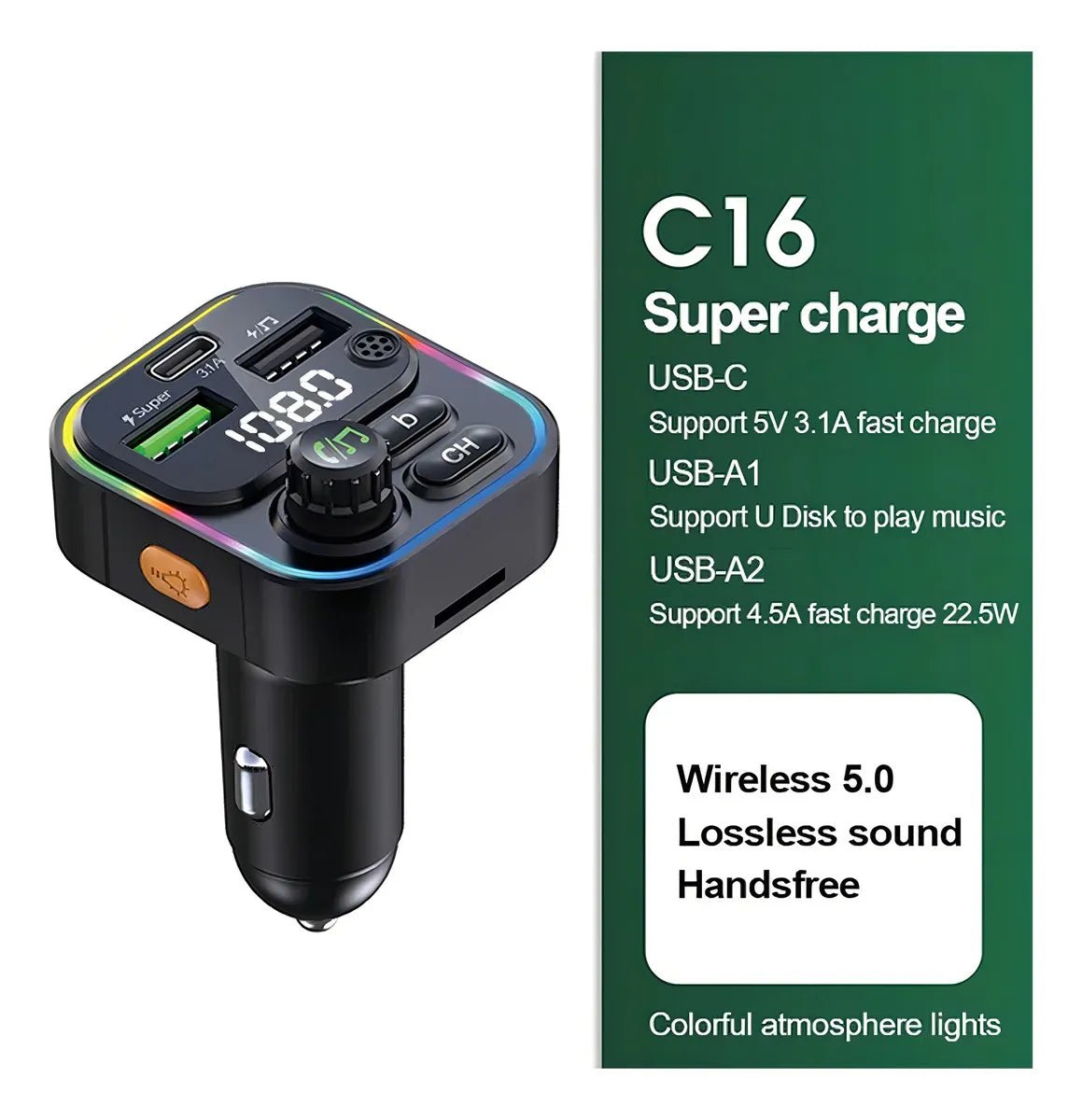 Transmisor FM Bluetooth 5.0 Carro USB - C 22.5W Carga Rápida - Tecnomundointl