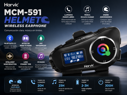 Intercomunicador Bluetooth Harvic MCM-591 para Casco de Moto con Pantalla LCD, Radio FM