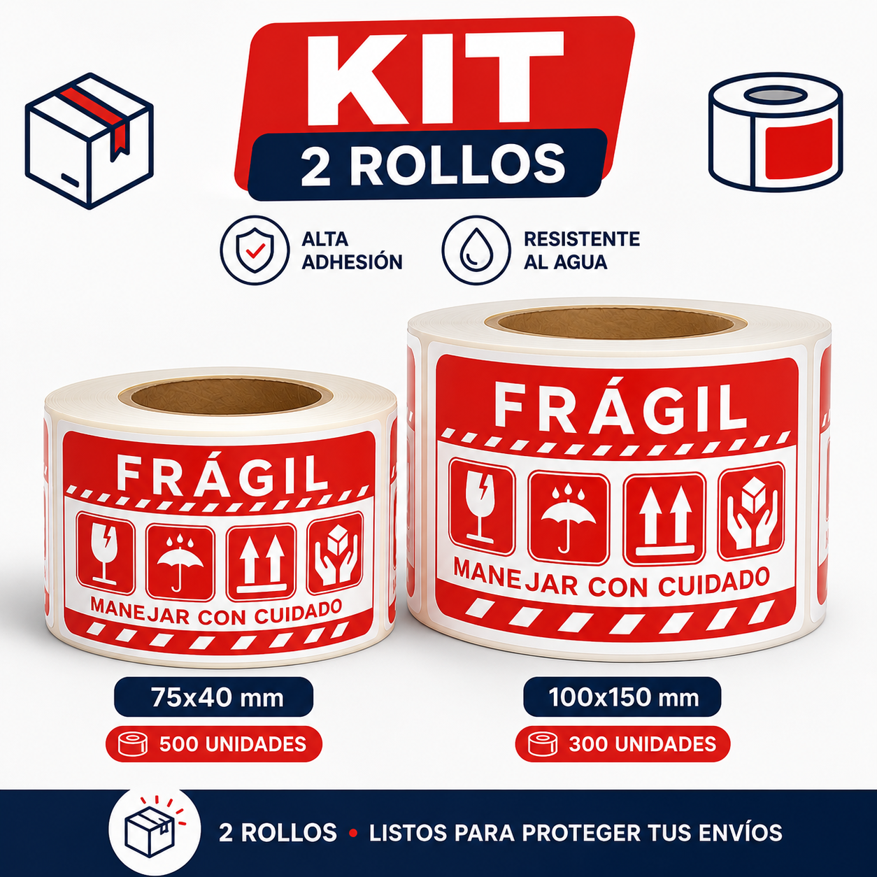 Combo Etiquetas autoadhesivas FRÁGIL español para proteción Paquetes (75x40mm) y (100x150mm)