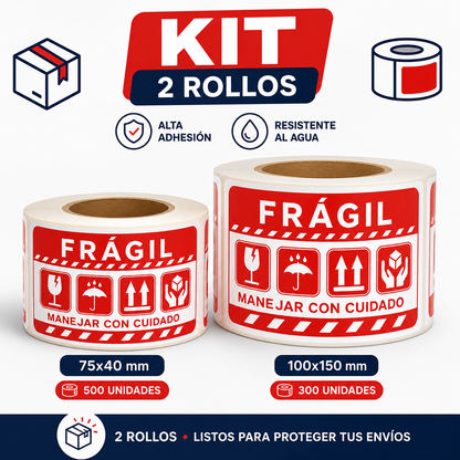 Combo Etiquetas autoadhesivas FRÁGIL español para proteción Paquetes (75x40mm) y (100x150mm)