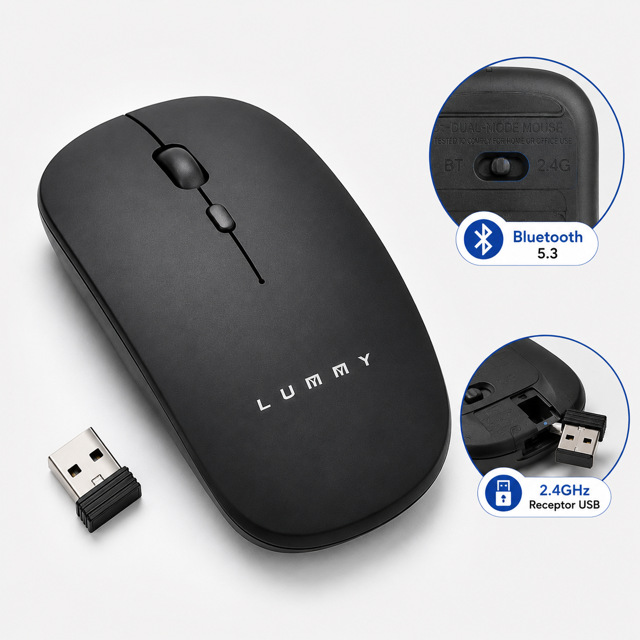 Mouse Inalámbrico Recargable Lummy LMO-05 Bluetooth 5.3 y 2.4GHz Slim Silencioso
