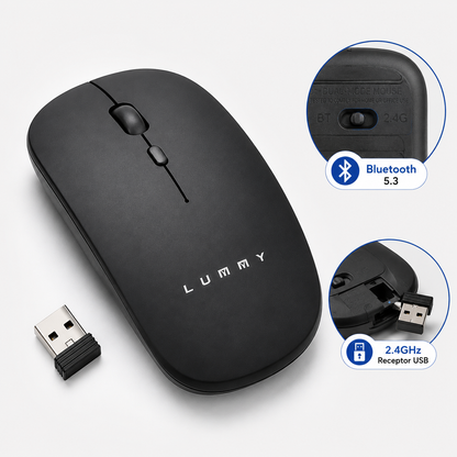Mouse Inalámbrico Recargable Lummy LMO-05 Bluetooth 5.3 y 2.4GHz Slim Silencioso