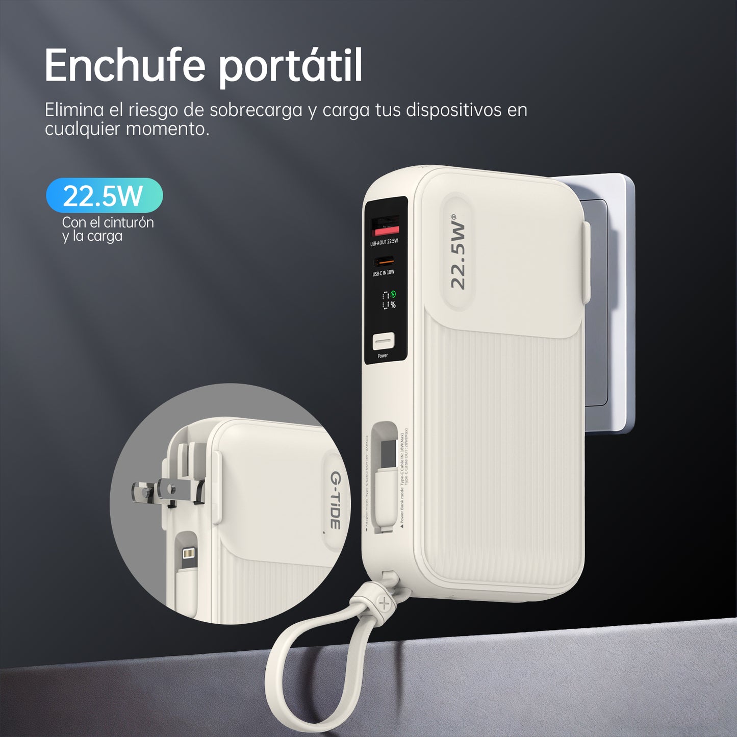 Power Bank G-TiDE Traveler 1 10000mAh Carga Rápida 22.5W con Cables y enchufe de carga incorporado