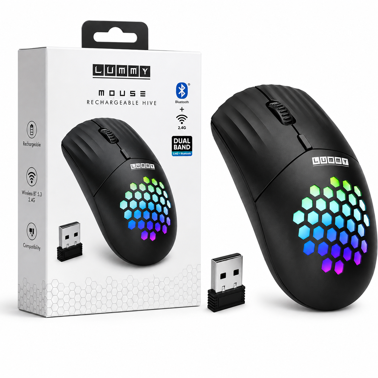 Mouse Inalámbrico Recargable Lummy LY-M00 RGB con Bluetooth 5.3 y Receptor USB 2.4GHz | Doble Modo de Conexión