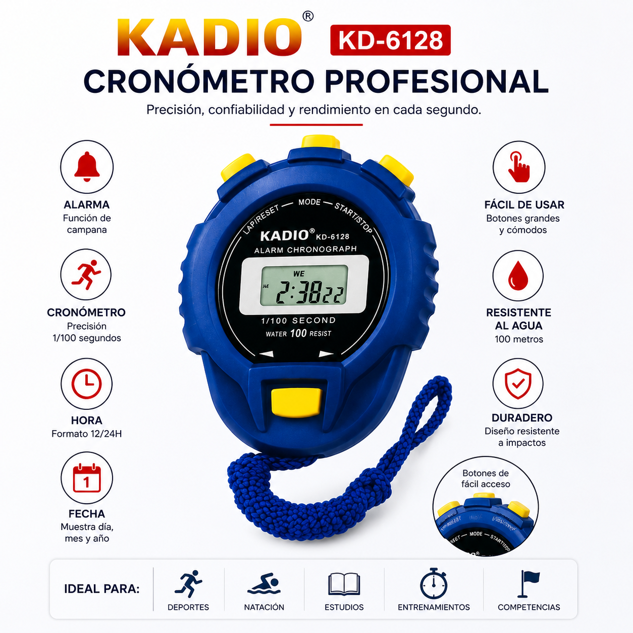 Cronómetro Digital Kadio KD-6128 Profesional Deportivo
