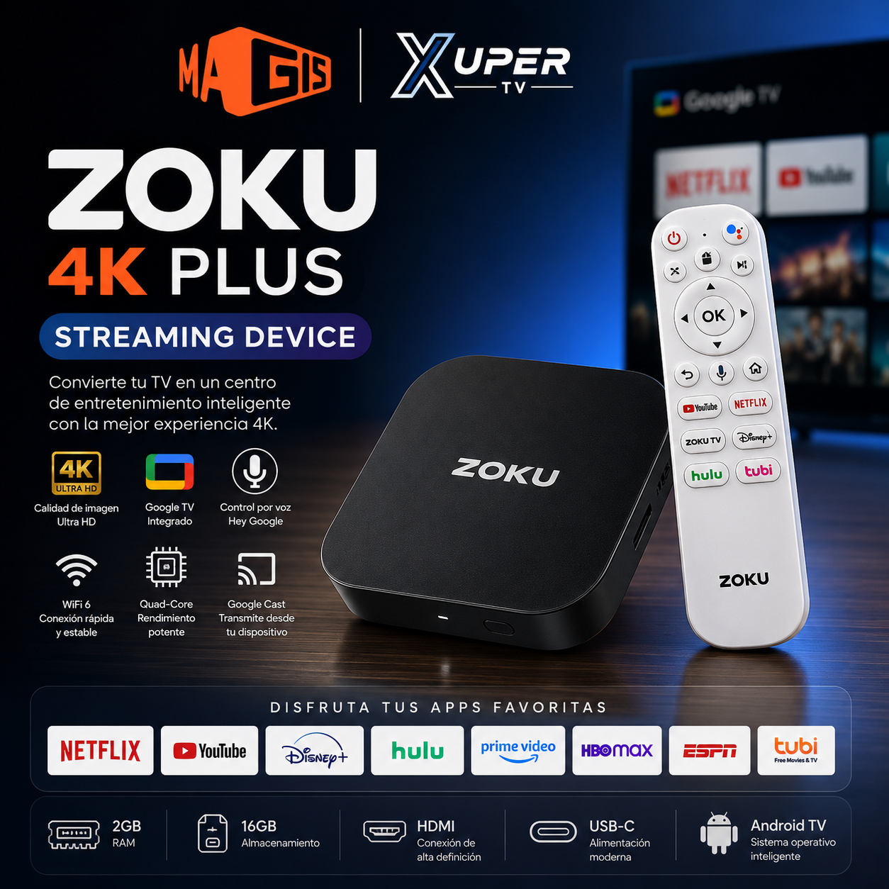android TV Box 4K Plus Zoku Google TV Streaming compatible con ( Magistv Xuper) estilo watch onn
