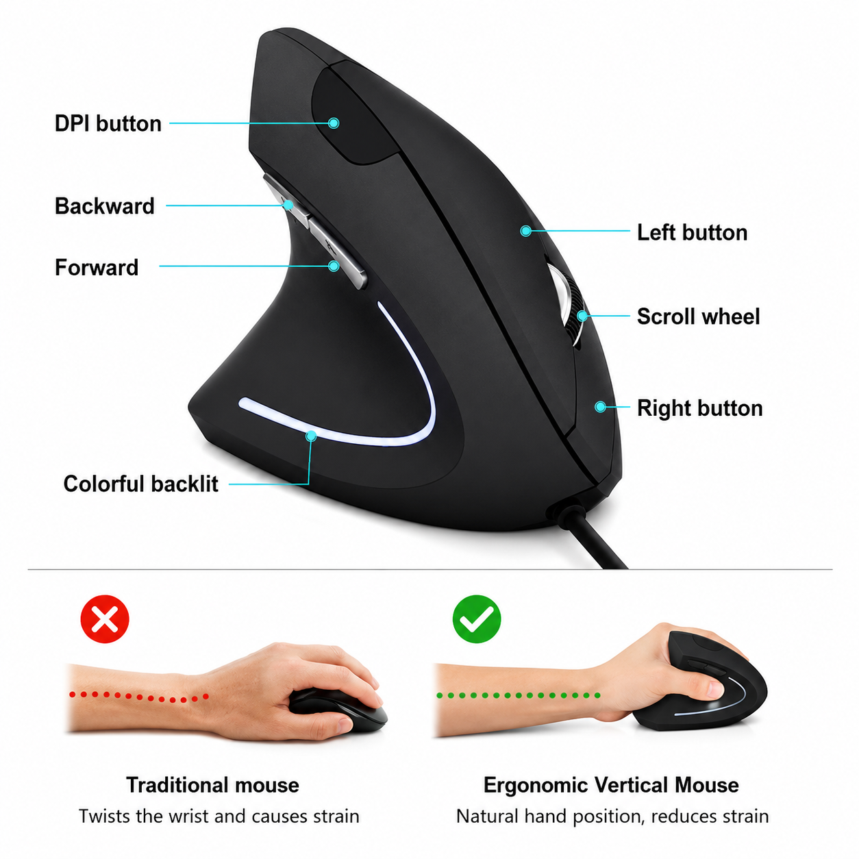 Mouse Ergonómico alambrico Vertical Mano Izquierda ( zurdo ) USB 1600 DPI Gamer