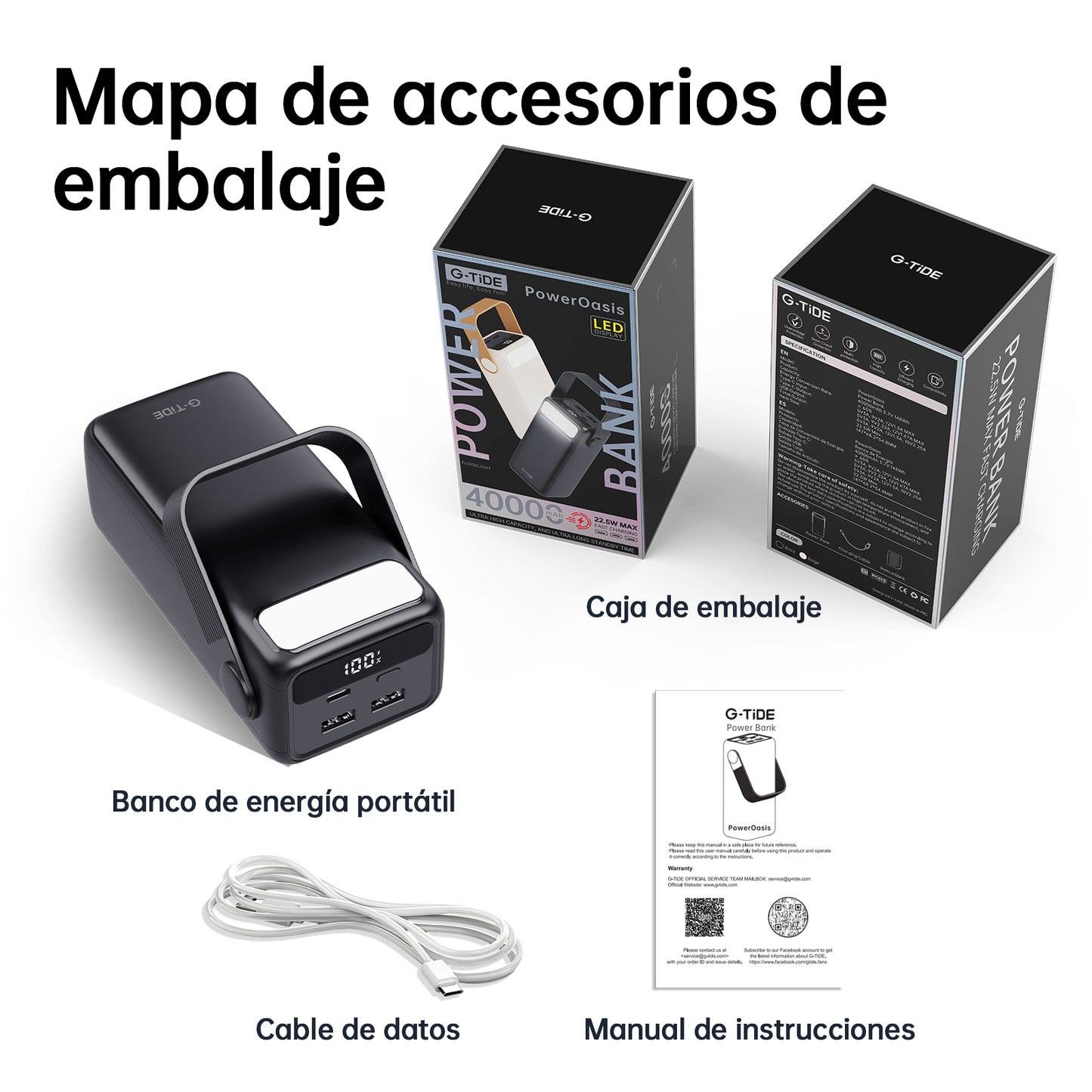 Power Bank Linterna G-Tide 40000mAh 22.5W Carga Rápida 8 Cargas o mas Ideal Viajes y Finca