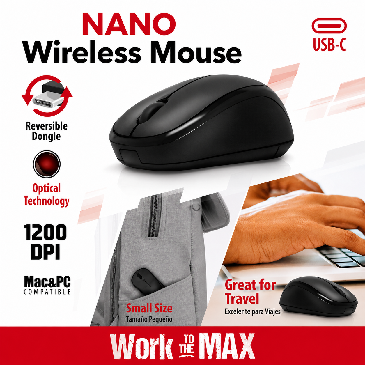 Mouse Inalámbrico Maxell Nano – Compacto, Preciso y Portátil puerto Usb-C