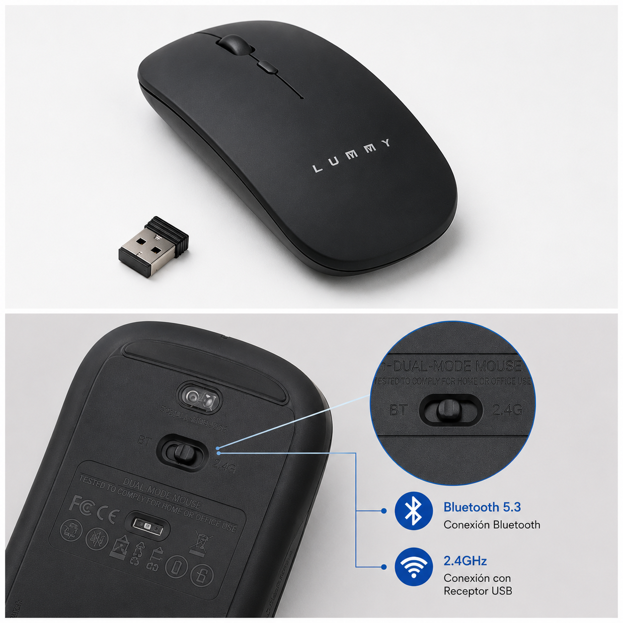 Mouse Inalámbrico Recargable Lummy LMO-05 Bluetooth 5.3 y 2.4GHz Slim Silencioso