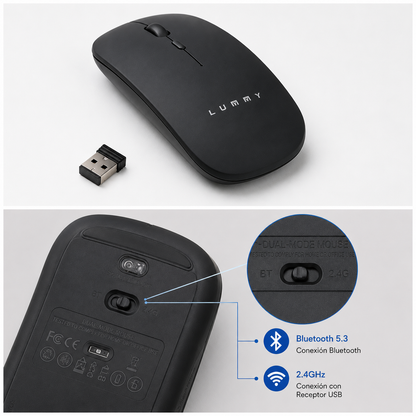 Mouse Inalámbrico Recargable Lummy LMO-05 Bluetooth 5.3 y 2.4GHz Slim Silencioso