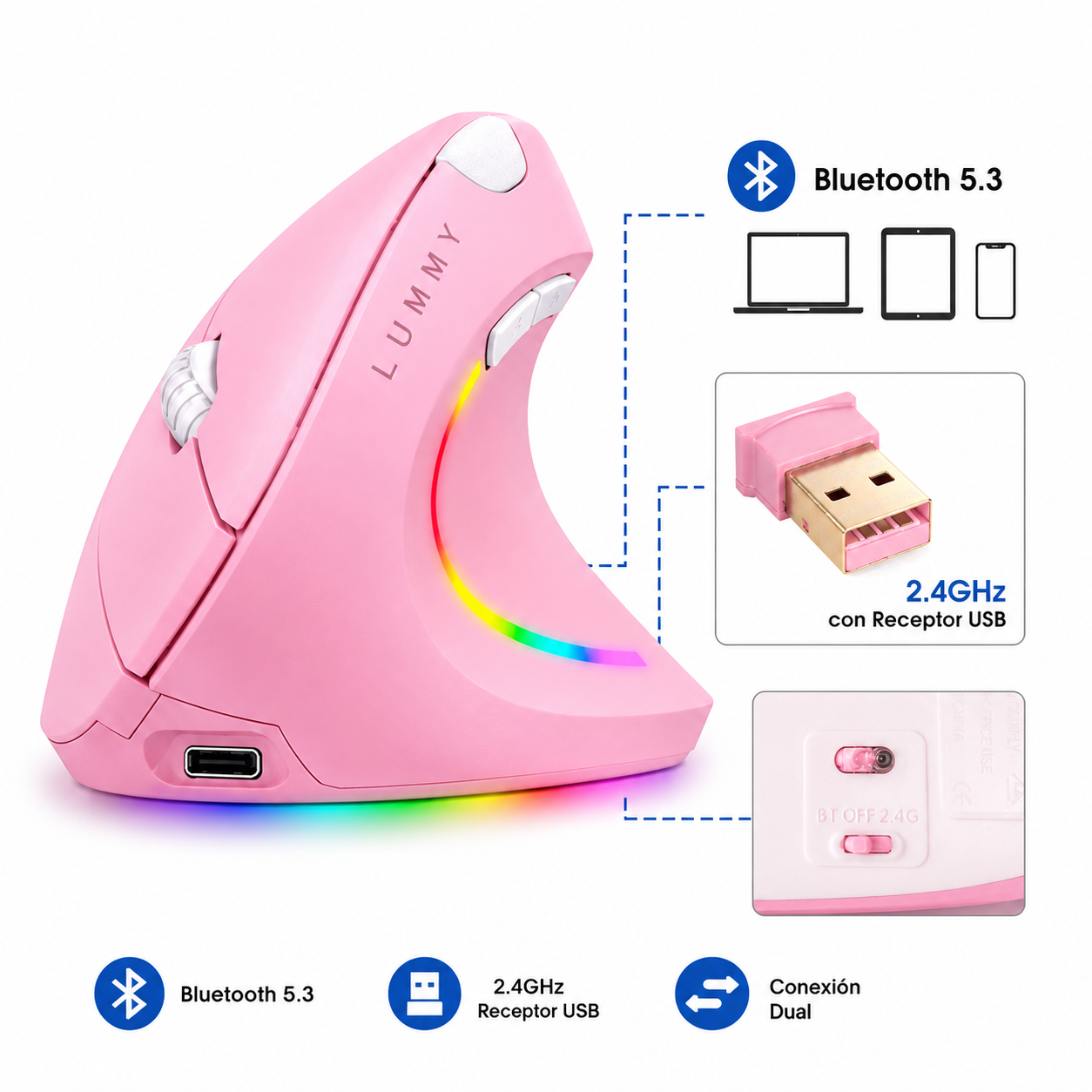 Mouse Ergonómico Vertical Inalámbrico RGB Recargable Bluetooth 5.3 y 2.4GHz con Receptor USB Lummy LMO-07 para Diestro
