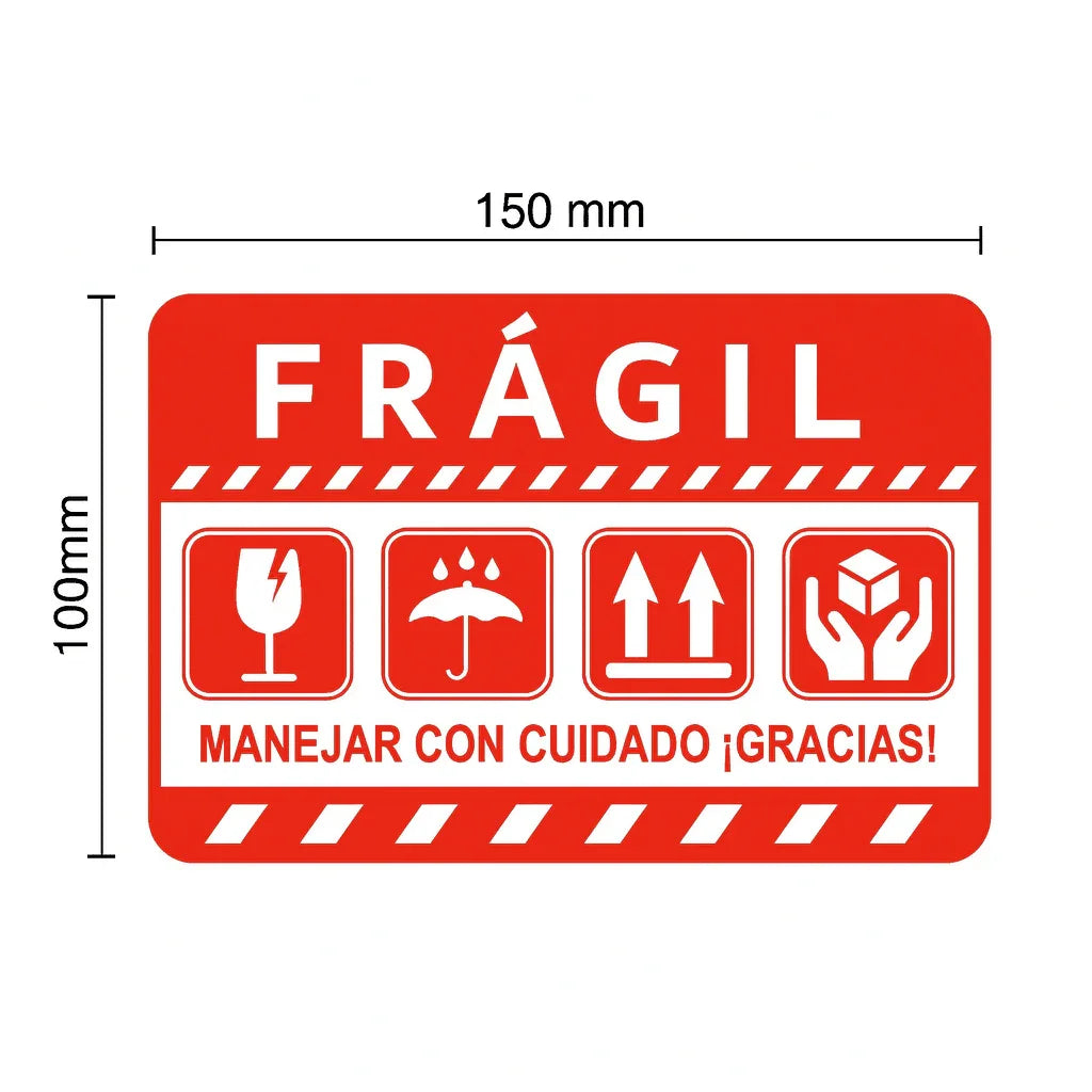Etiqueta roja frágil 150x100mm con iconos de manipulación y mensaje de manejar con cuidado