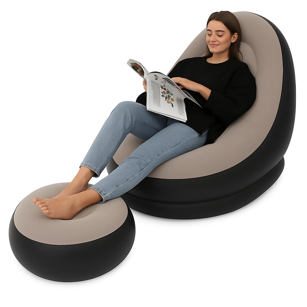 Sillón Inflable Negro de PVC con Acabado Terciopelo, Cómodo y Portátil