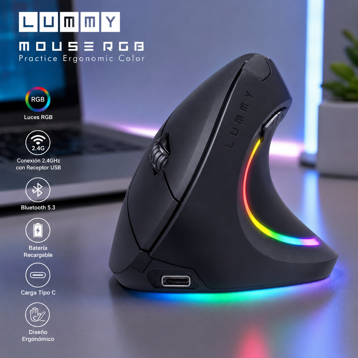 Mouse Ergonómico Vertical Inalámbrico RGB Recargable Bluetooth 5.3 y 2.4GHz con Receptor USB Lummy LMO-07 para Diestro
