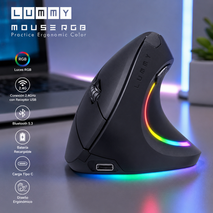 Mouse Ergonómico Vertical Inalámbrico RGB Recargable Bluetooth 5.3 y 2.4GHz con Receptor USB Lummy LMO-07 para Diestro