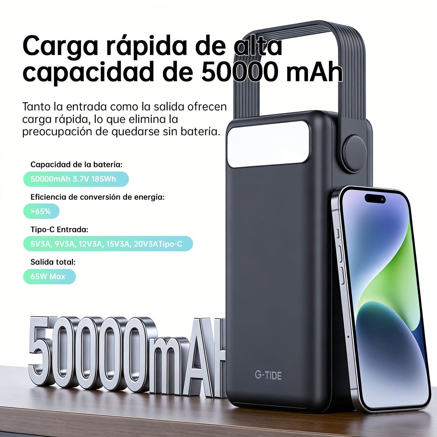 Power Bank G-Tide 50000mAh 65W Carga Rápida Portátil - 10 Cargas o mas ideal finca y viajes