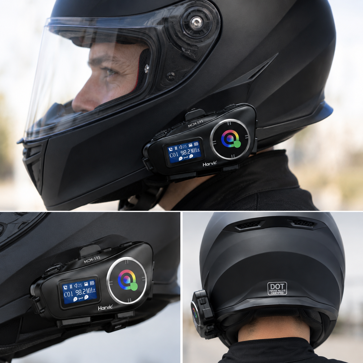 Intercomunicador Bluetooth Harvic MCM-591 para Casco de Moto con Pantalla LCD, Radio FM