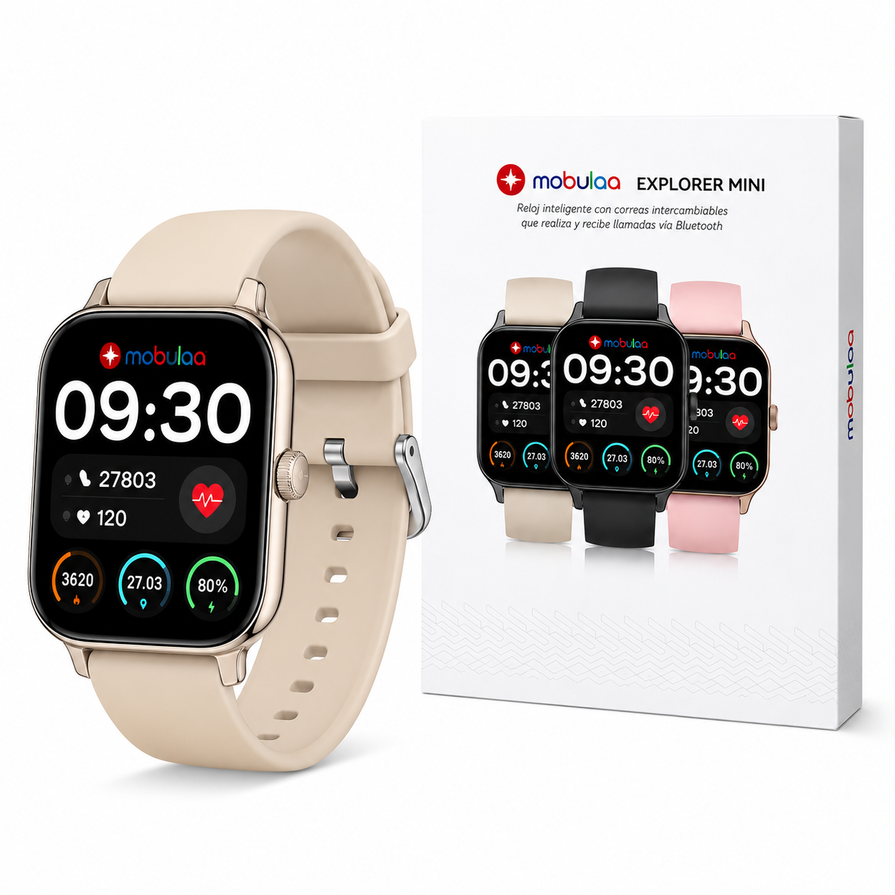 Smartwatch Mobulaa Explorer Mini con Llamadas Bluetooth, GPS Integrado, 5 Correas Intercambiables y Resistencia al Agua 5ATM