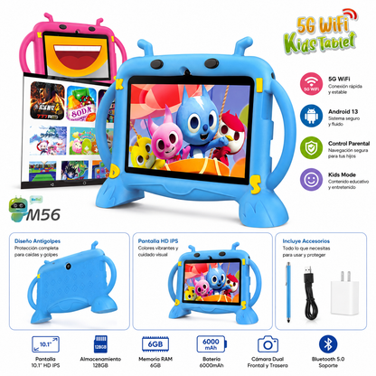 Tablet Infantil Educativa 7 Pulgadas Android 6GB RAM 256GB WiFi 5G Funda EVA Antigolpes con Cámara y Obsequios