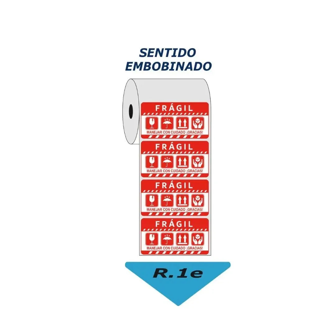 Rollo de etiquetas rojas FRÁGIL para paquetes, diseño con iconos y texto de manejo cuidadoso.