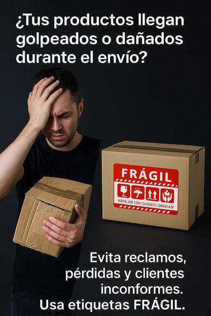 (500 Uds) Etiquetas FRÁGIL 75×40 mm Protección Paquetes - Tecnomundointl