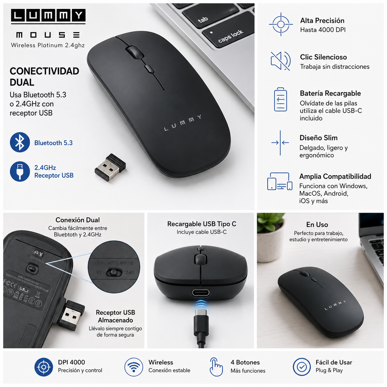 Mouse Inalámbrico Recargable Lummy LMO-05 Bluetooth 5.3 y 2.4GHz Slim Silencioso