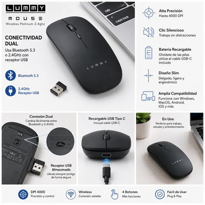 Mouse Inalámbrico Recargable Lummy LMO-05 Bluetooth 5.3 y 2.4GHz Slim Silencioso