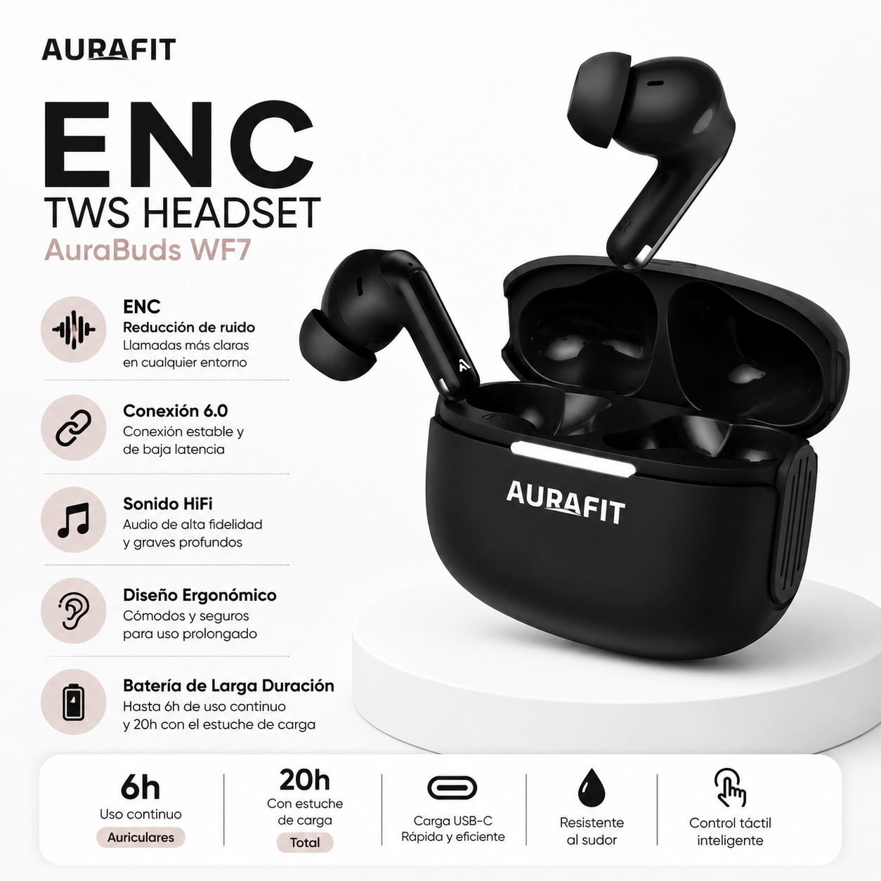 Audífonos Bluetooth AuraBuds WF7 con IA, Sonido Hi-Fi y Llamadas HD + Estuche Protector