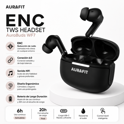 Audífonos Bluetooth AuraBuds WF7 con IA, Sonido Hi-Fi y Llamadas HD + Estuche Protector