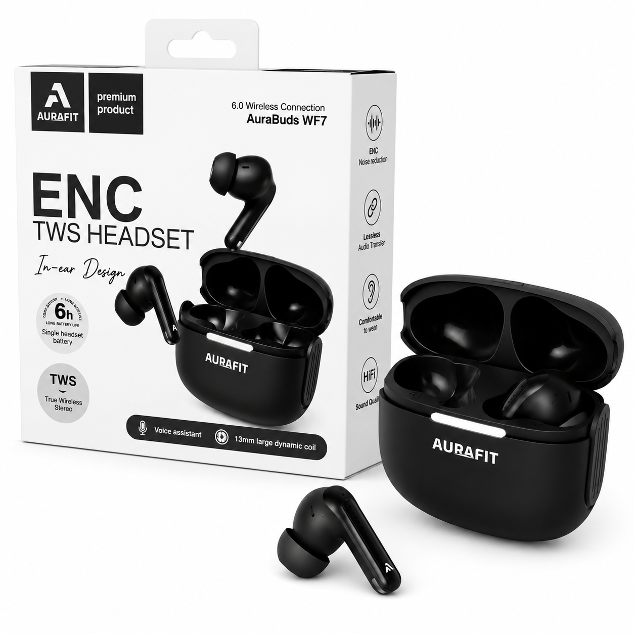 Audífonos Bluetooth AuraBuds WF7 con IA, Sonido Hi-Fi y Llamadas HD + Estuche Protector