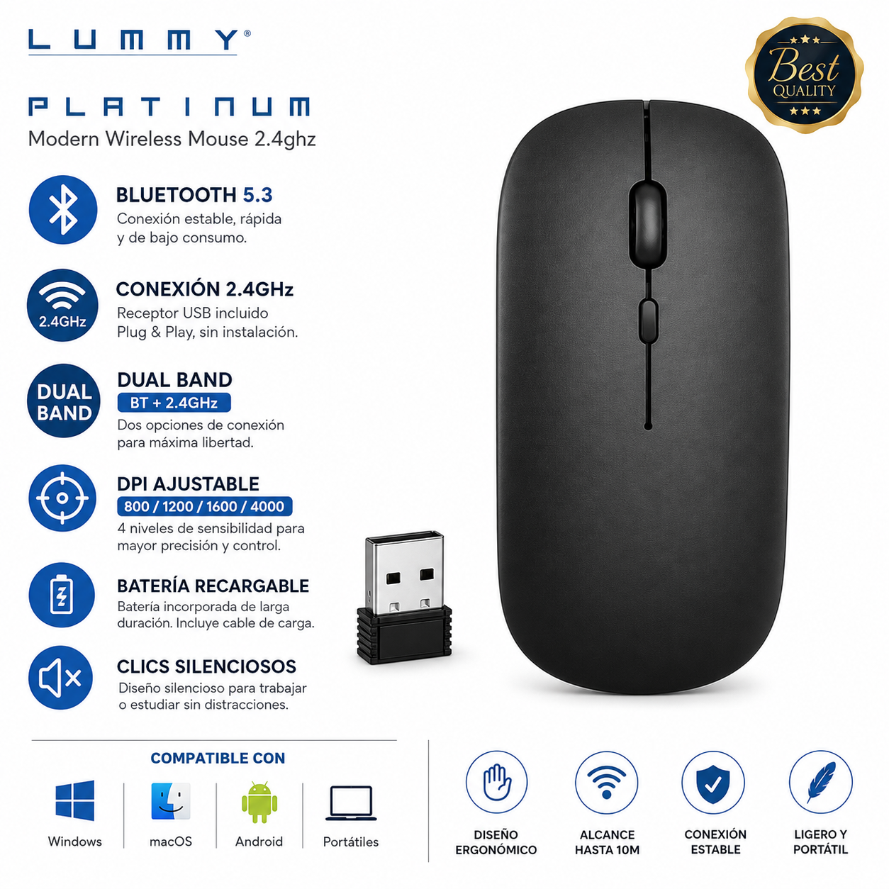 Mouse Inalámbrico Recargable Lummy Platinum LY-M05 Dual Mode Bluetooth 5.3 + 2.4GHz con Receptor USB