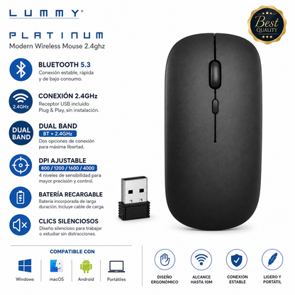 Mouse Inalámbrico Recargable Lummy Platinum LY-M05 Dual Mode Bluetooth 5.3 + 2.4GHz con Receptor USB