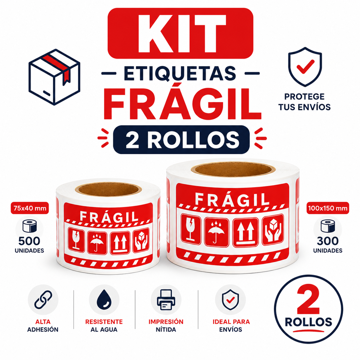 Combo Etiquetas autoadhesivas FRÁGIL español para proteción Paquetes (75x40mm) y (100x150mm)