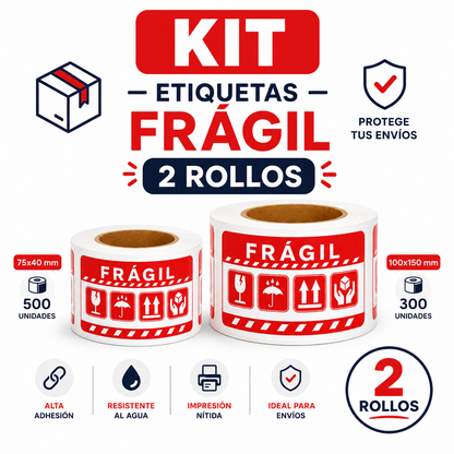 Combo Etiquetas autoadhesivas FRÁGIL español para proteción Paquetes (75x40mm) y (100x150mm)