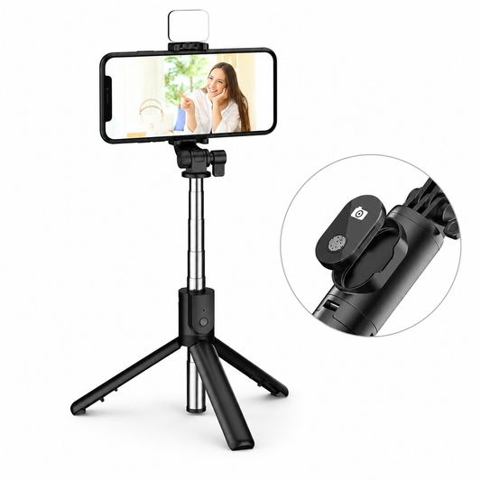 Tripode y Palo de Selfie, Incluye Luz Led, con Disparador P20s