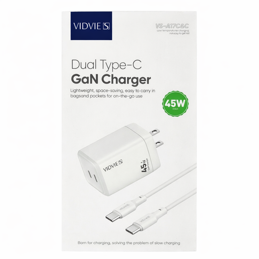 Cargador GaN 45W VIDVIE Dual Type-C Carga Rápida PD