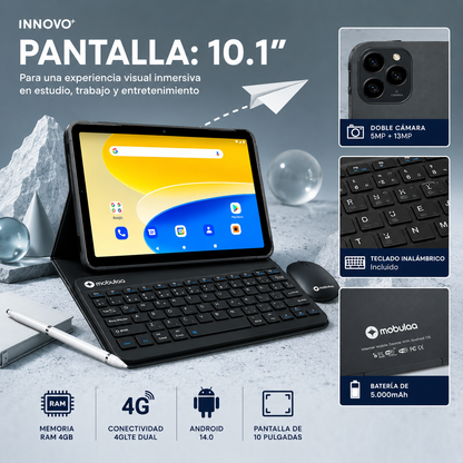Tablet Mobulaa TAB-2 10.1” Android 14 4G LTE + Teclado + Mouse + Lápiz + Case