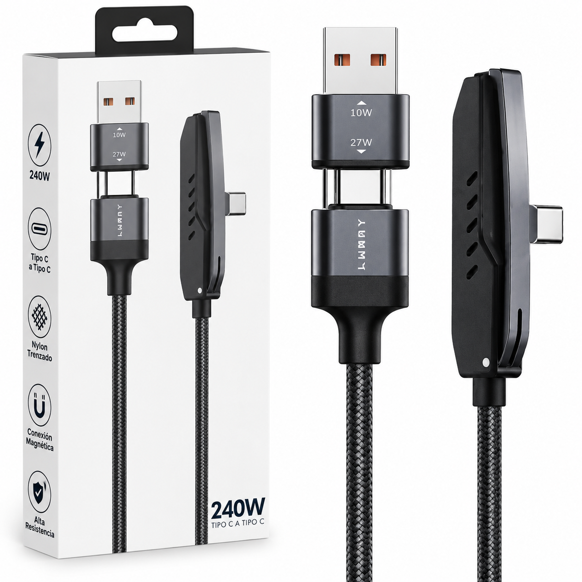 Cable Lummy Nylon USB Tipo C 240W 2 en 1 de 2 Metros con Soporte para Celular y Carga Rápida