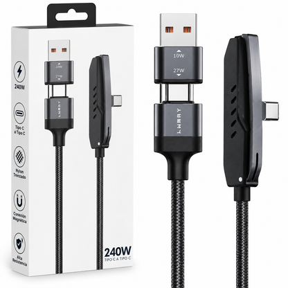 Cable Lummy Nylon USB Tipo C 240W 2 en 1 de 2 Metros con Soporte para Celular y Carga Rápida