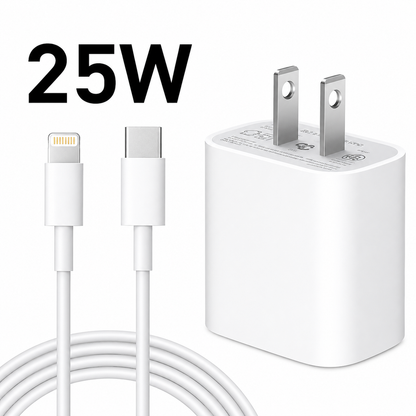 Cargador Rápido 25W USB-C Compatible con iPhone + Cable Tipo Lightning
