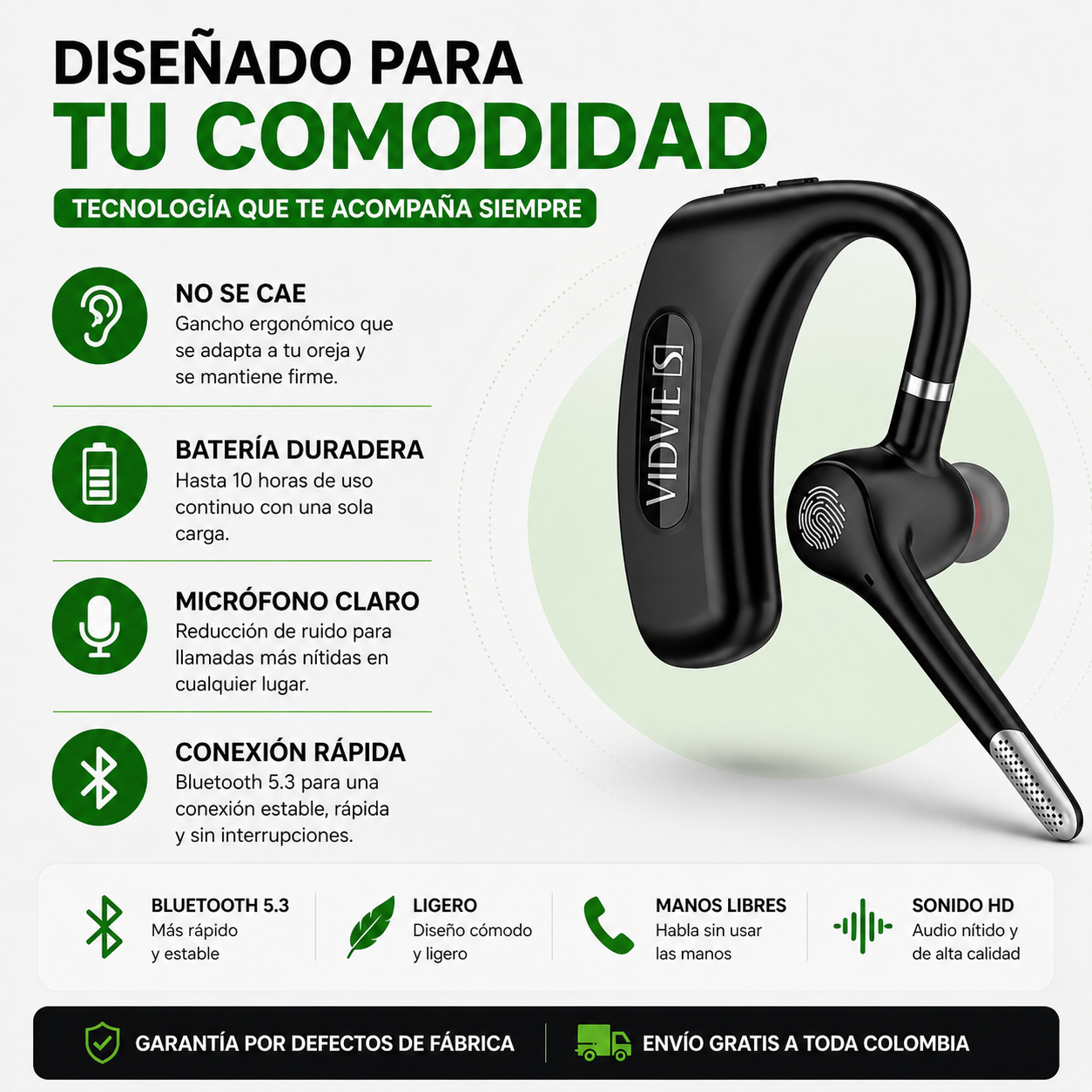 Auricular Bluetooth Manos Libres Gancho Oreja Llamadas Claras  Cancelación de Ruido